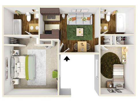 Floor plan for 2 beds, 2 baths, 980 sqft